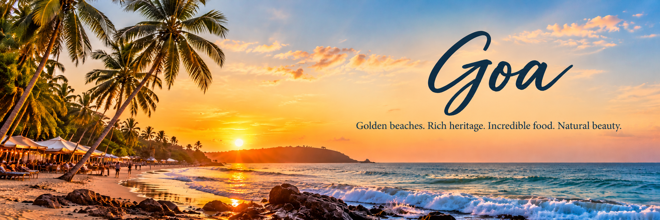Golden sunset over a palm-fringed beach in Goa, with the stylized word Goa in deep navy and the tagline below it.
