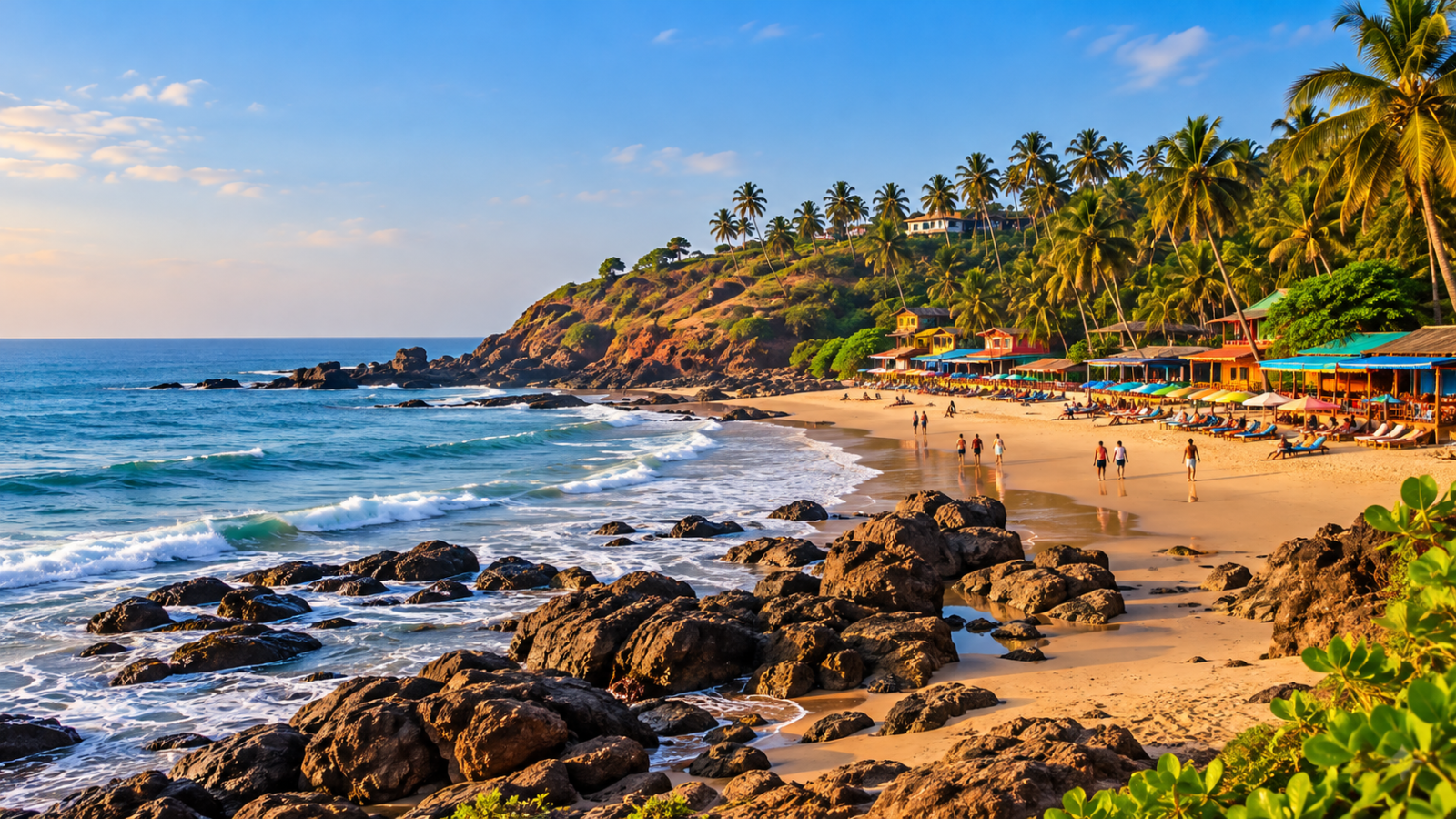 Anjuna's rocky shoreline, beach cafés and palm-covered headland in North Goa, in warm late-afternoon light.