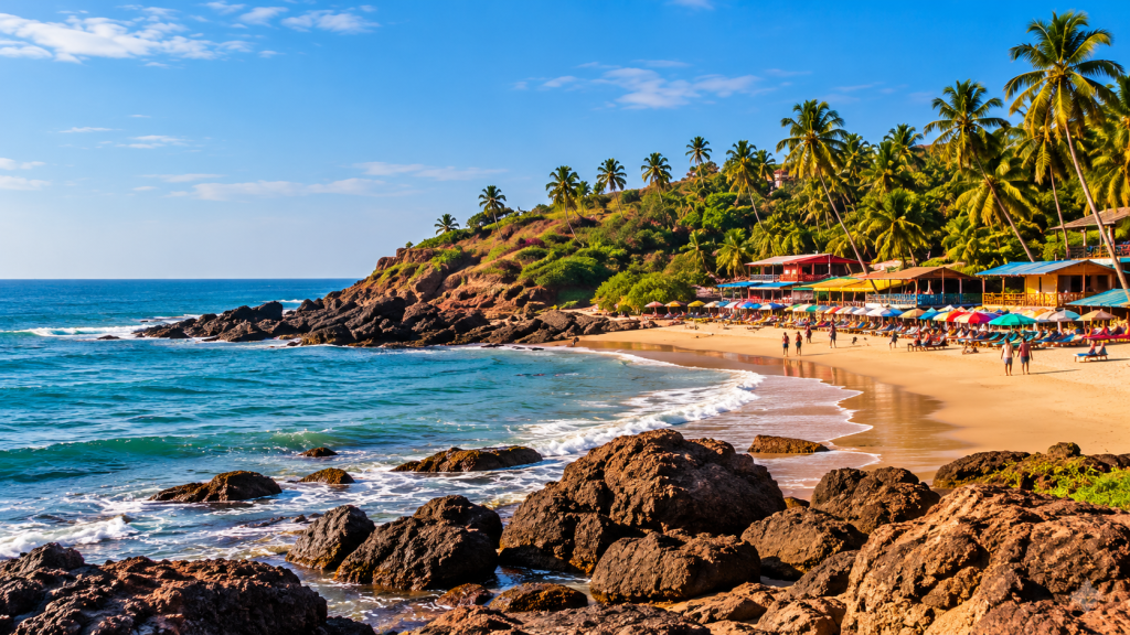 A wide sandy South Goa beach with a palm-lined green headland, turquoise water and relaxed beach shacks.