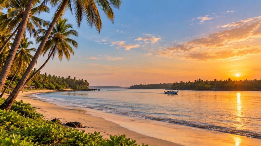 Golden-hour view across a calm South Goa estuary with palm-lined banks and a small boat.