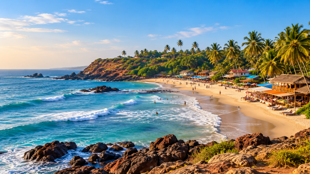 A broad sandy beach in South Goa with turquoise water, palm trees and beach shacks in warm afternoon light.