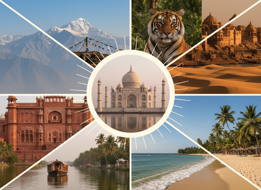 A circular collage of the Taj Mahal surrounded by photographs of India's mountains, heritage, backwaters, beaches, wildlife, spiritual sites and desert.