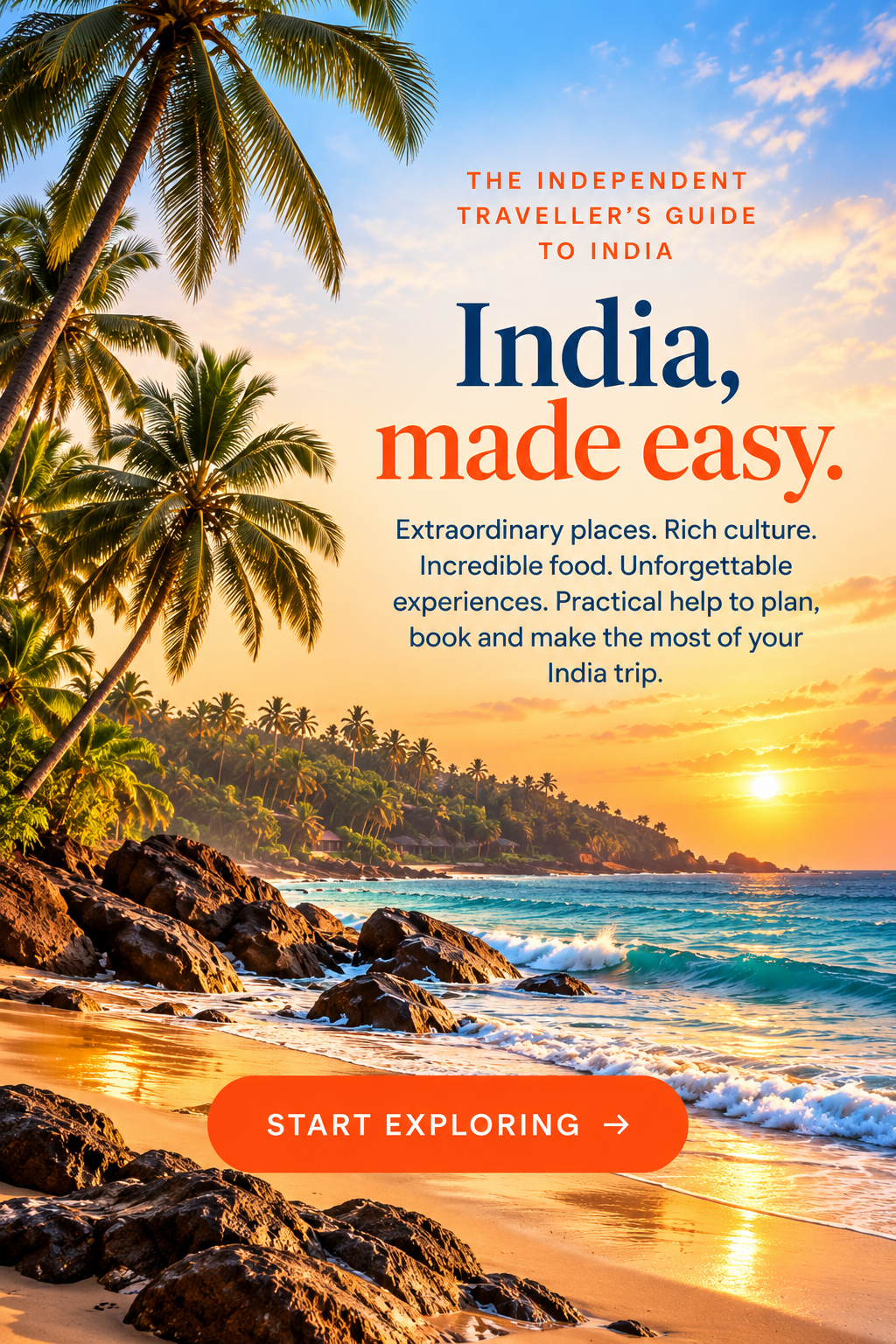 IndiaWise — India, made easy. A tropical Indian beach at sunset.
