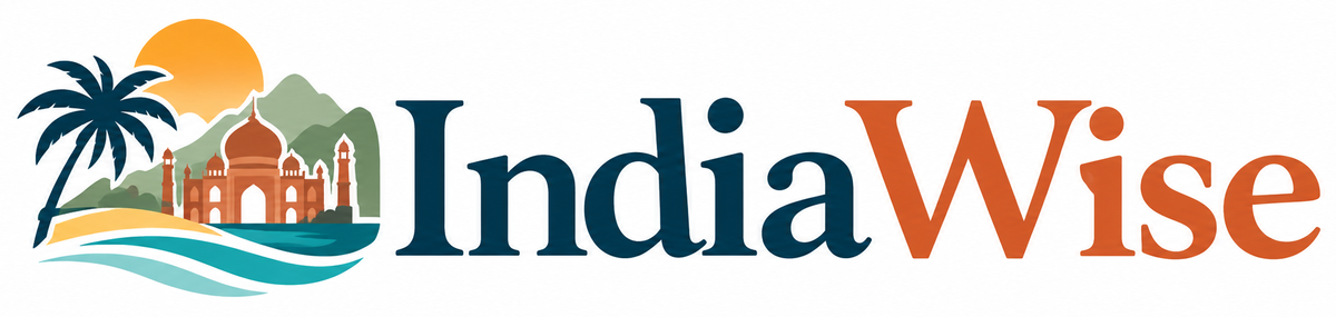 IndiaWise travel logo with an illustrated Indian landscape and navy and orange wordmark