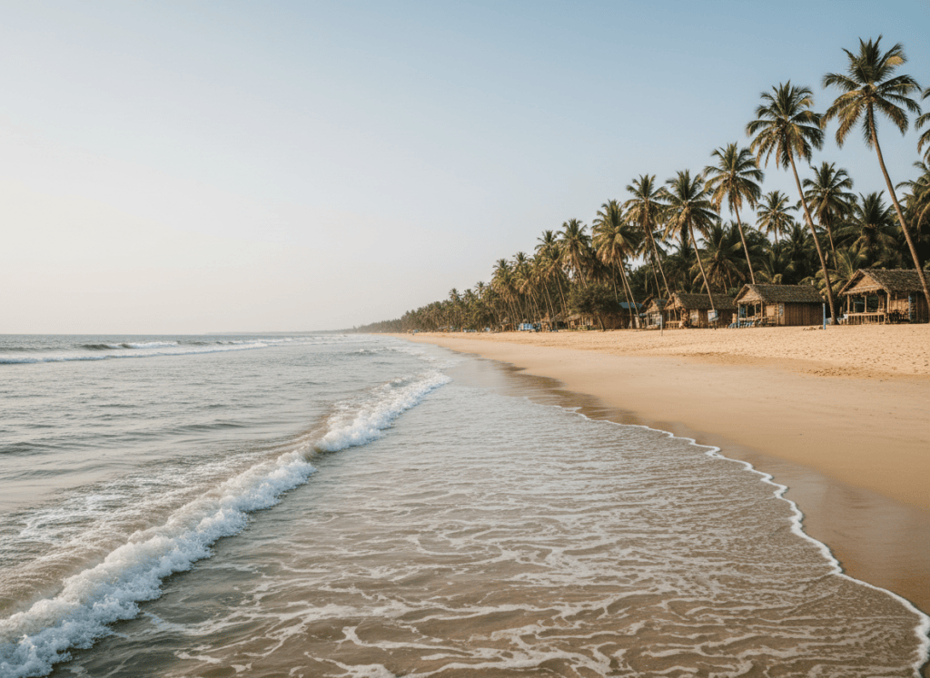 Illustrative view of a quiet sandy beach in North Goa, with palms and gentle waves.