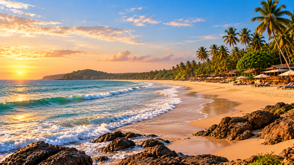A curved sandy beach in South Goa with turquoise water, palm-lined huts, rocky foreground and a warm sunset.