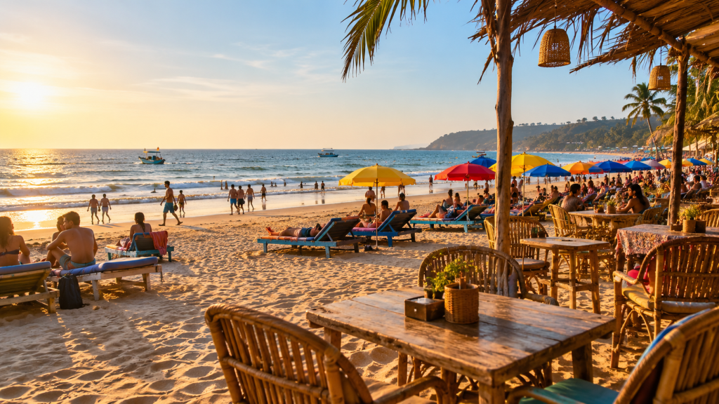 AI-generated illustrative scene of a lively Goa beach with beach cafés, umbrellas and visitors at sunset.